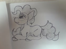 Size: 2576x1932 | Tagged: safe, artist:post-it, pinkie pie, earth pony, pony, female, ink drawing, lidded eyes, lying down, mare, monochrome, simple background, sketch, smiling, solo, traditional art, unshorn fetlocks, white background