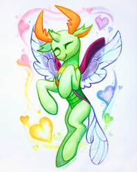 Size: 900x1132 | Tagged: safe, artist:dawnfire, thorax, changedling, changeling, cute, eyes closed, flying, heart, hooves, king thorax, smiling, solo, spread wings, thorabetes, weapons-grade cute, wings