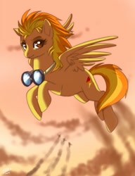 Size: 677x880 | Tagged: safe, artist:ruhje, spitfire, pegasus, pony, backlighting, female, flying, goggles, looking at you, mare, solo focus, wonderbolts