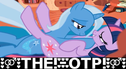 Size: 1252x690 | Tagged: safe, artist:tiarawhy, edit, trixie, twilight sparkle, pony, unicorn, female, golden oaks library, lesbian, mare, meme, on back, otp, shipping, show accurate, twixie