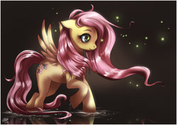 Size: 1025x727 | Tagged: dead source, safe, artist:ruhje, fluttershy, firefly (insect), insect, pegasus, pony, cute, female, floppy ears, mare, smiling, solo, water, wet mane