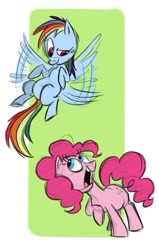Size: 518x815 | Tagged: safe, artist:sibsy, pinkie pie, rainbow dash, earth pony, pegasus, pony, abstract background, behind the scenes, concept art, female, flying, mare, silly face