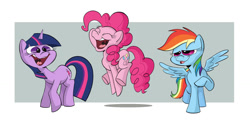 Size: 1024x513 | Tagged: safe, artist:sibsy, pinkie pie, rainbow dash, twilight sparkle, unicorn twilight, earth pony, pegasus, pony, unicorn, abstract background, bedroom eyes, behind the scenes, cute, eyes closed, female, funny face, happy, hilarious in hindsight, jumping, lidded eyes, lol, mare, open mouth, polyamory, raised hoof, silly face, smiling, spread wings, tongue out, twidashpie, uvula, wide eyes