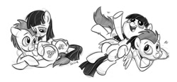 Size: 1024x474 | Tagged: dead source, safe, artist:sibsy, lucky clover, wild fire, earth pony, pegasus, pony, female, grayscale, luckyfire, male, mare, monochrome, prone, shipping, simple background, sketch, stallion, straight, wild fire gets lucky