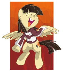 Size: 750x812 | Tagged: safe, artist:sibsy, wild fire, pegasus, pony, abstract background, clothes, cute, eyes closed, female, flying, jacket, laughing, mare, open mouth, smiling, solo, spread wings