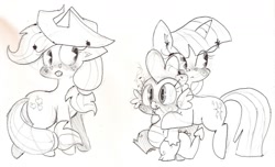 Size: 1280x778 | Tagged: safe, artist:krystalflamingo, applejack, spike, twilight sparkle, dragon, earth pony, pony, unicorn, female, male, mare, monochrome, simple background, traditional art