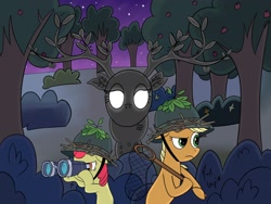 Size: 2048x1536 | Tagged: safe, artist:pixelgrip94, apple bloom, applejack, the great seedling, earth pony, pony, going to seed, apple tree, binoculars, digital art, helmet, net, night, tree