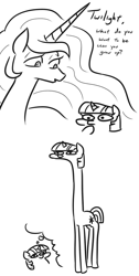 Size: 559x1113 | Tagged: safe, artist:jargon scott, princess celestia, twilight sparkle, unicorn twilight, alicorn, giraffe, pony, unicorn, black and white, giraffied, grayscale, growing up, long neck, majestic as fuck, monochrome, necc, nope.avi, thinking, thought bubble, twiggie