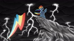 Size: 2560x1440 | Tagged: safe, artist:senselesssquirrel, rainbow dash, pegasus, pony, cliff, female, lightning, mare, pose, solo, storm, wallpaper, windswept mane