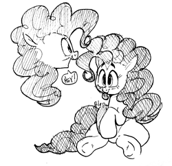 Size: 1155x1116 | Tagged: safe, artist:hattsy, pinkie pie, earth pony, pony, blushing, monochrome, raspberry, sketch, smiling, solo, tongue out, traditional art, underhoof