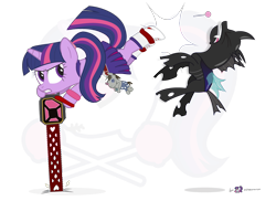 Size: 1200x875 | Tagged: safe, artist:dm29, smarty pants, twilight sparkle, changeling, pony, unicorn, crossover, duo, female, juliet starling, lollipop chainsaw, mare, simple background, transparent background, voice actor joke