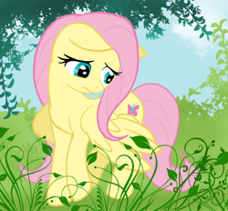 Size: 1500x1389 | Tagged: dead source, safe, artist:illuminatiums, fluttershy, pegasus, pony, cute, female, floppy ears, head turn, insecure, lonely, looking down, mare, nature, sad, shyabetes, solo, spread wings, wings, wings down