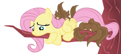 Size: 5000x2251 | Tagged: safe, artist:illuminatiums, fluttershy, pegasus, pony, squirrel, absurd resolution, animal, female, looking down, mare, scared, show accurate, simple background, tree, tree branch