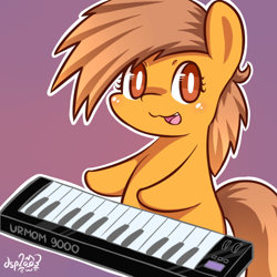 Size: 512x512 | Tagged: safe, artist:dsp2003, oc, oc only, oc:meadow stargazer, earth pony, pony, 2015, :3, bipedal, chibi, cute, female, keyboard, looking at you, musical instrument, open mouth, solo, style emulation, synthesizer