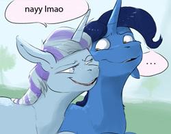 Size: 458x359 | Tagged: safe, artist:imsokyo, edit, night light, twilight velvet, pony, unicorn, ..., ayy lmao, dialogue, female, husband and wife, male, mare, married couple, nightvelvet, shipping, stallion, straight