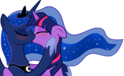 Size: 3250x2000 | Tagged: safe, artist:illuminatiums, princess luna, twilight sparkle, alicorn, pony, unicorn, blushing, bust, eyes closed, female, floppy ears, high res, horn, jewelry, kissing, lesbian, love, mare, portrait, regalia, shipping, show accurate, simple background, tiara, transparent background, twiluna