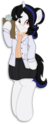 Size: 1474x3620 | Tagged: safe, artist:digiqrow, oc, oc only, pony, semi-anthro, unicorn, blouse, clipboard, clothes, glasses, hair bun, looking at you, pleated skirt, simple background, skirt, transparent background