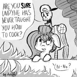 Size: 512x512 | Tagged: safe, artist:dsp2003, oc, oc:brownie bun, 2015, comic, crossover, cute, fire, kitchen, monochrome, open mouth, papyrus, papyrus (undertale), property damage, single panel, skeleton, sketch, smoke, this will end in tears and/or breakfast, undertale