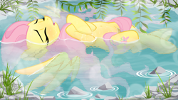 Size: 2844x1600 | Tagged: dead source, safe, artist:illuminatiums, fluttershy, pegasus, pony, belly button, blushing, crossed legs, eyes closed, female, floating, hot springs, mare, on back, ophelia, show accurate, solo, water, wet