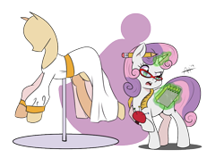 Size: 842x595 | Tagged: safe, artist:shelltoon, sweetie belle, pony, unicorn, clothes, dress, female, filly, glasses, magic, mannequin, newbie artist training grounds, notepad, pincushion, simple background, solo, transparent