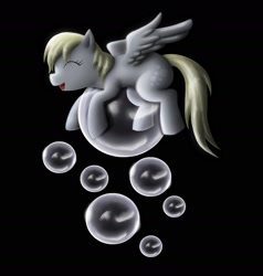 Size: 1916x2011 | Tagged: safe, artist:anadukune, derpy hooves, pegasus, pony, black background, bubble, eyes closed, female, happy, mare, simple background, solo