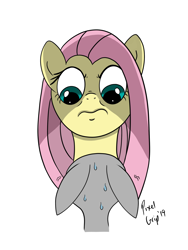 Size: 1668x2224 | Tagged: safe, artist:pixelgrip94, angel bunny, fluttershy, pegasus, pony, angry, atg 2019, digital art, fluttershy is not amused, newbie artist training grounds, stare, sweat, sweatdrop, the stare, unamused