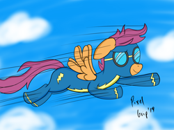 Size: 2224x1668 | Tagged: safe, artist:pixelgrip94, scootaloo, pony, atg 2019, clothes, digital art, flying, newbie artist training grounds, older, older scootaloo, scootaloo can fly, uniform, wonderbolts uniform