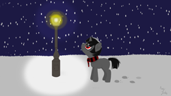 Size: 1500x844 | Tagged: safe, artist:augjodo, oc, oc:ada, pony, unicorn, d'lirium, digital art, female, lamp, lamppost, mare, night, scarf, snow, snowfall