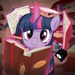 Size: 1250x1250 | Tagged: safe, artist:axian-art, twilight sparkle, pony, unicorn, book, bust, feather, female, golden oaks library, inkwell, library, magic, mare, quill, solo, telekinesis