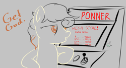 Size: 1192x646 | Tagged: safe, artist:osha, oc, oc only, oc:osha, earth pony, pony, arcade game, atg 2019, dialogue, female, leaning, mare, newbie artist training grounds, sketch, solo