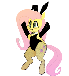 Size: 1348x1492 | Tagged: safe, artist:hattsy, fluttershy, pegasus, pony, semi-anthro, armpits, blushing, bowtie, bunny suit, bunnyshy, clothes, cute, evening gloves, female, fishnet stockings, gloves, heart eyes, hoof gloves, long gloves, mare, open mouth, shyabetes, simple background, smiling, white background, wingding eyes