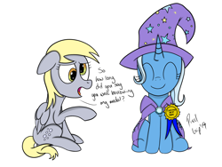 Size: 2224x1668 | Tagged: safe, artist:pixelgrip94, derpy hooves, trixie, pegasus, pony, unicorn, atg 2019, best pony, digital art, duo, duo female, female, mare, medal, newbie artist training grounds, simple background, sitting, white background