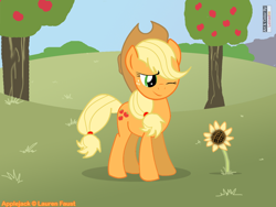 Size: 1024x768 | Tagged: safe, artist:leinad56, applejack, earth pony, pony, female, flower, mare, one eye closed, solo, sunflower, tree