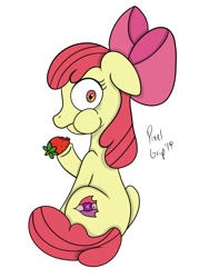 Size: 1184x1578 | Tagged: safe, artist:pixelgrip94, apple bloom, earth pony, pony, atg 2019, digital art, dishonorapple, eating, female, filly, food, newbie artist training grounds, rear view, scared, shocked expression, simple background, sitting, solo, strawberry, white background