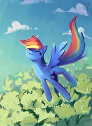 Size: 2098x2874 | Tagged: safe, artist:holivi, rainbow dash, pegasus, pony, eyes closed, female, flying, forest, happy, high res, mare, solo