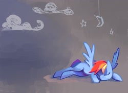 Size: 3161x2299 | Tagged: safe, artist:holivi, rainbow dash, pegasus, pony, cloud, crescent moon, female, high res, mare, moon, sleeping, solo, spread wings, stars, wings