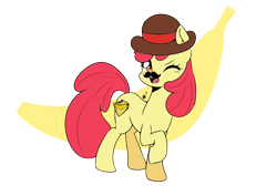 Size: 842x595 | Tagged: safe, artist:shelltoon, apple bloom, earth pony, pony, atg 2019, banana, bananabloom, disguise, dishonorapple, facial hair, fake cutie mark, female, food, hat, moustache, newbie artist training grounds, one eye closed, post-it, simple background, solo, transparent, transparent background, wink