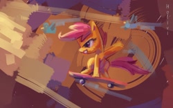 Size: 1860x1163 | Tagged: safe, artist:holivi, scootaloo, bird, pegasus, pony, abstract background, female, filly, grin, skateboard, solo