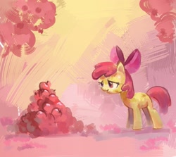 Size: 1609x1437 | Tagged: safe, artist:holivi, apple bloom, earth pony, pony, apple, female, filly, pile, solo, tired