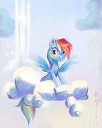Size: 2299x2874 | Tagged: safe, artist:holivi, rainbow dash, pegasus, pony, cloud, cloudy, female, happy, high res, hooves, looking at you, mare, on a cloud, sitting, sitting on cloud, solo, spread wings, wings