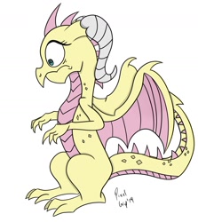 Size: 1318x1479 | Tagged: safe, artist:pixelgrip94, fluttershy, dragon, atg 2019, digital art, dragonified, flutterdragon, newbie artist training grounds, scared, species swap