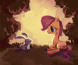 Size: 2752x2299 | Tagged: safe, artist:holivi, fluttershy, pegasus, pony, rabbit, female, filly, filly fluttershy, forest, happy, high res, prone, wingless, younger