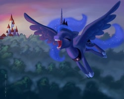 Size: 600x477 | Tagged: safe, artist:holivi, princess luna, alicorn, pony, castle, eyes closed, female, flying, forest, mare, solo, yawn