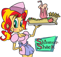 Size: 749x704 | Tagged: safe, artist:jargon scott, sunset shimmer, equestria girls, breasts, female, food, french fries, hot dog, meat, milkshake, sausage, simple background, solo, style emulation, waitress, white background