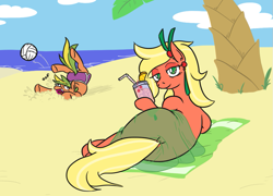 Size: 941x677 | Tagged: safe, artist:jargon scott, oc, oc only, oc:bahama nectar, oc:papaya nectar, earth pony, pony, beach, butt, drink, duo, female, hoof hold, mare, mother and child, mother and daughter, ocean, oof, palm tree, parent and child, plot, sports, towel, tree, volleyball