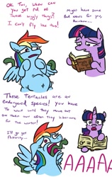 Size: 603x954 | Tagged: safe, artist:jargon scott, rainbow dash, twilight sparkle, pegasus, pony, comic:hotel rainbow, abdominal bulge, all the way through, book, comic, dialogue, duo, female, hoof hold, infestation, mare, simple background, simpsons did it, stomach bulges, tentacles, the simpsons, white background