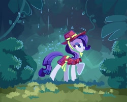 Size: 2874x2299 | Tagged: safe, artist:holivi, rarity, pony, unicorn, clothes, dress, female, forest, hat, high res, mare, profile, raised hoof, solo