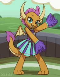 Size: 750x950 | Tagged: safe, artist:rockset, smolder, dragon, 2 4 6 greaaat, animated, cheerleader, cheerleader smolder, clothes, cute, dragoness, female, frame by frame, hnnng, looking at you, moe, perfect loop, pleated skirt, skirt, smiling, smiling at you, smolderbetes, solo