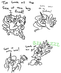 Size: 676x814 | Tagged: safe, artist:jargon scott, princess celestia, princess luna, alicorn, changeling, pony, broom, buzzing wings, bzzzzz, comic, cute, dialogue, female, flying, holding a changeling, mare, monochrome, neo noir, onomatopoeia, partial color, royal sisters, simple background, white background, wings