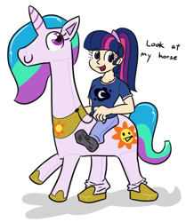 Size: 682x783 | Tagged: safe, artist:jargon scott, princess celestia, twilight sparkle, human, clothes, costume, humanized, humans riding ponies, inflatable, look at my horse, pinklestia, riding, solo